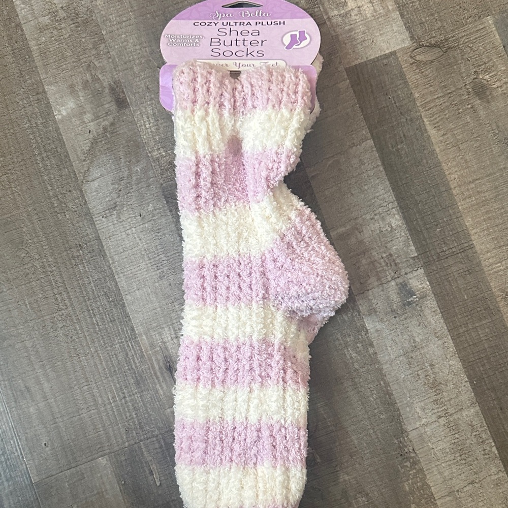Pink and White Striped Plush Socks